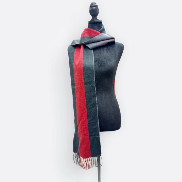 Auth Gucci Wool Cashmere Gray Red Striped Scatf Wrap Stole Muffler Ex+ - Picture 1 of 13